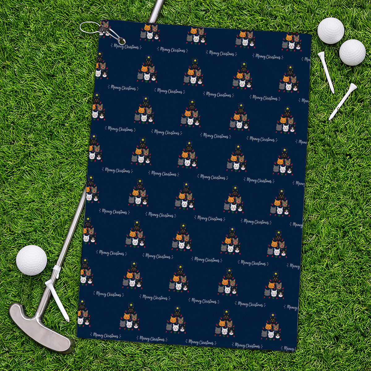 Meowy Christmas Cat Golf Towels, Festive Cat Christmas Pattern Golf Towel, Xmas Golf Gift For Cat Lovers