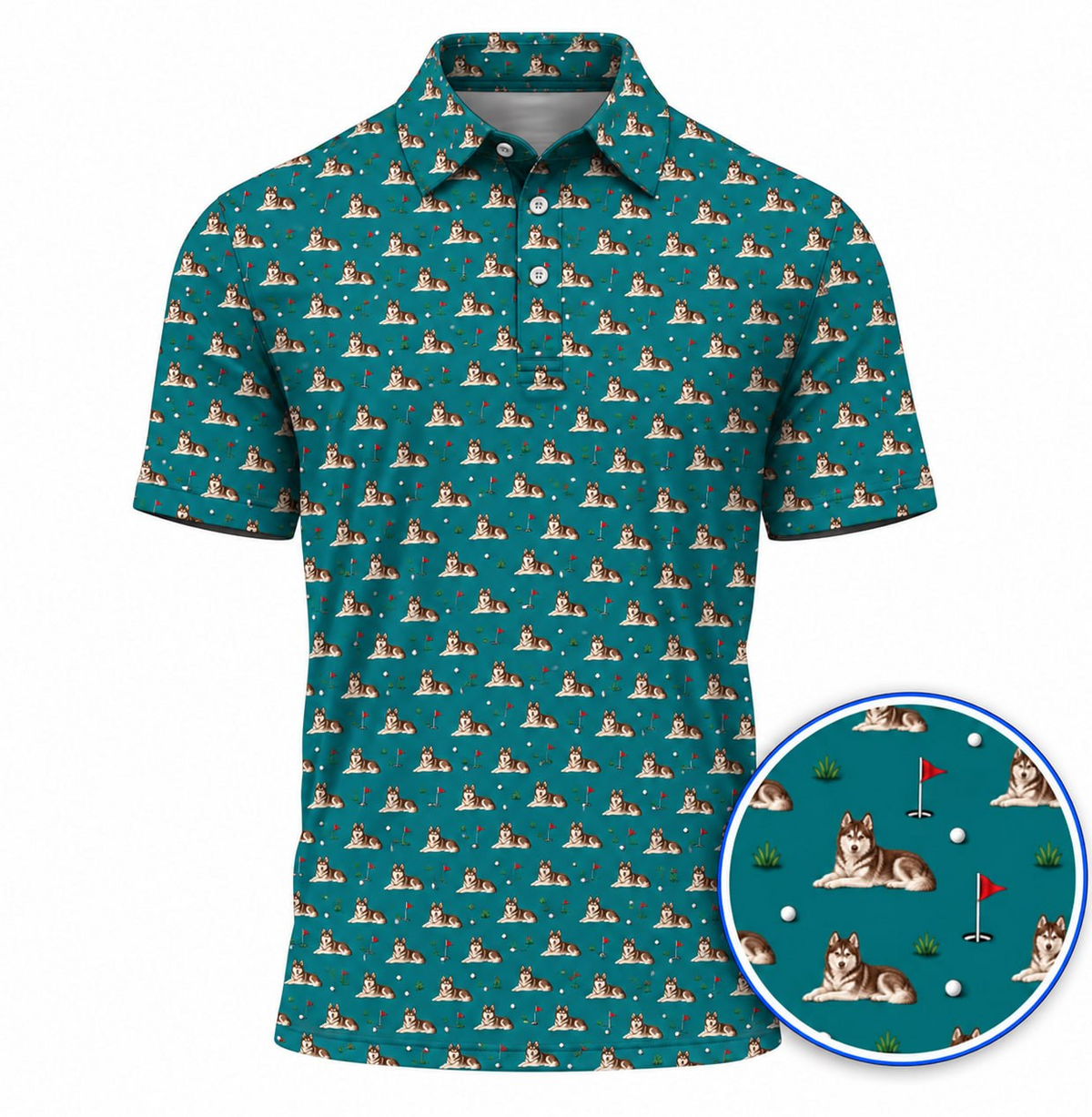 Cinnamon Husky Dog Golf Pattern Shirt, Funny Husky Golf Polos, Dog Lover Golf Gift