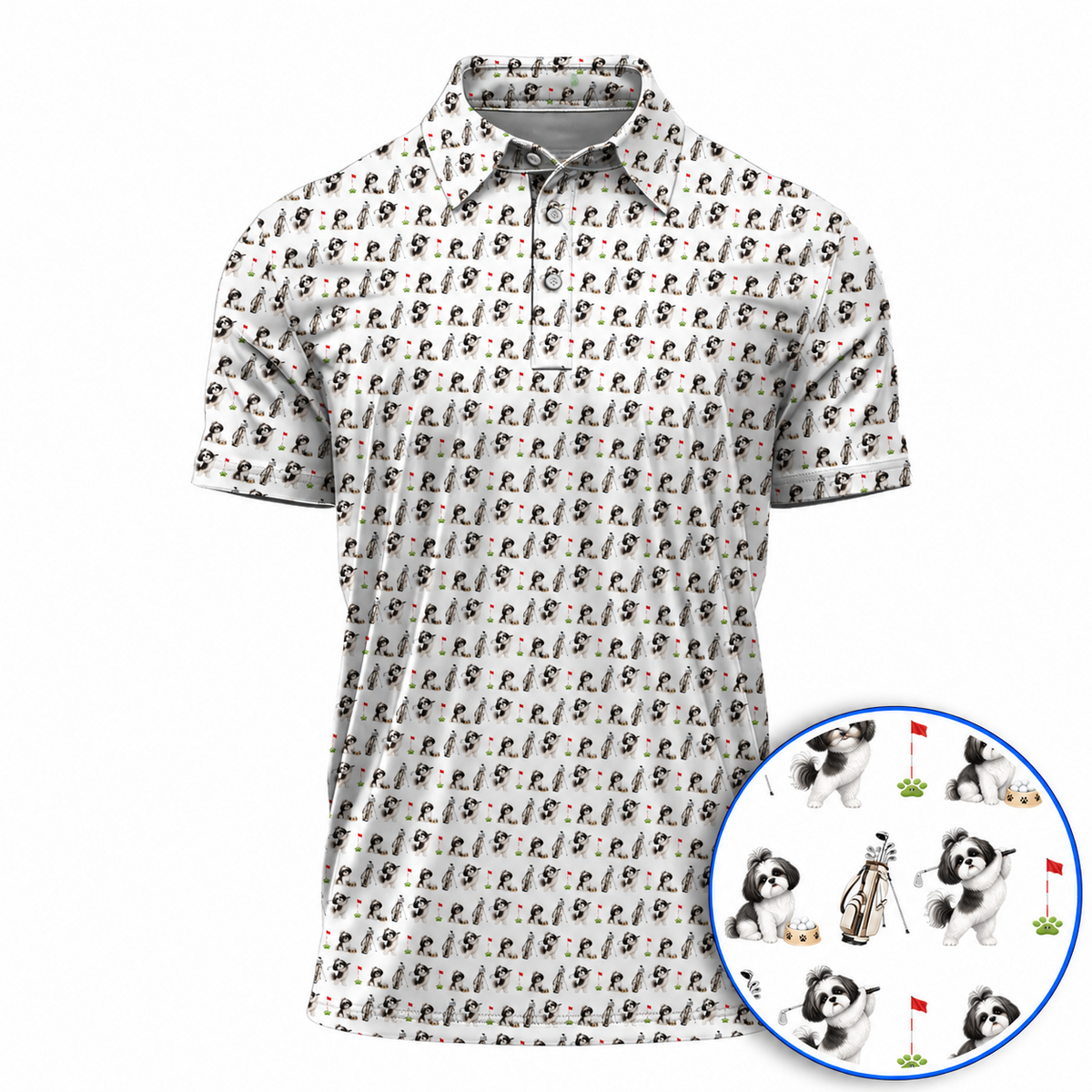 Black & White Shih Tzu Golf Polos, Shih Tzu Pattern Golf Shirt, Crazy Golf Gift For Golfers