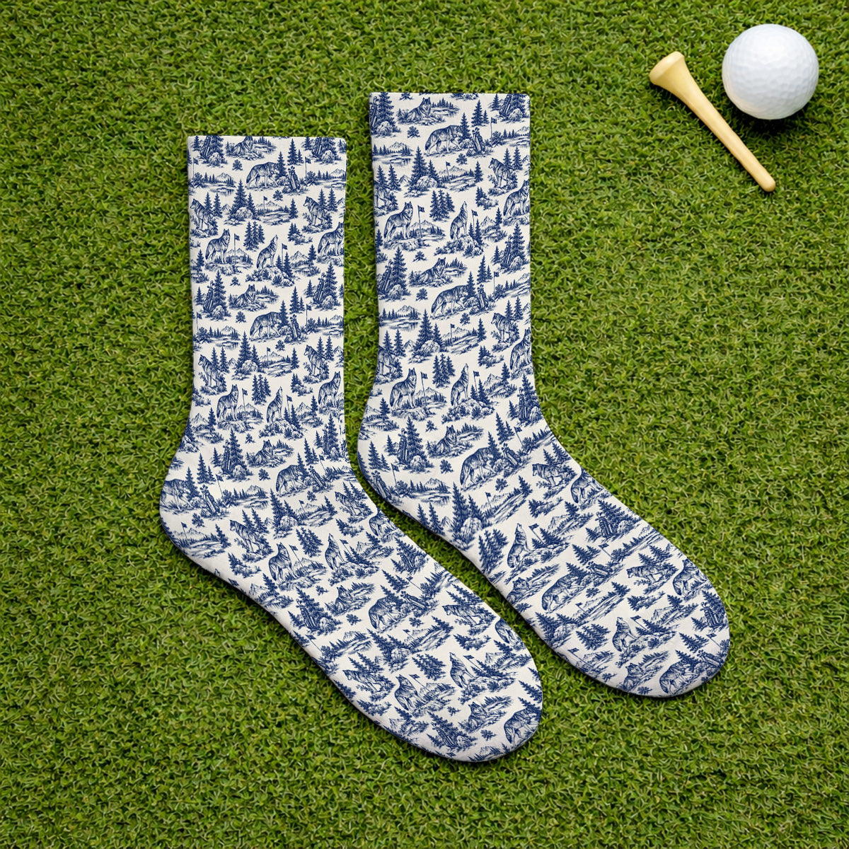 Vintage Wolf Golf Socks, Wilderness Wolf Pattern Golf Sock, Nature Inspired Golf Gift for Golfers