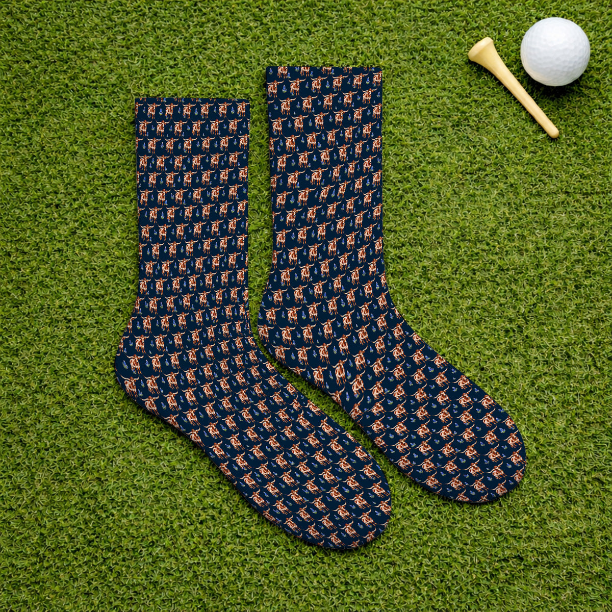 Crazy Texas Golf Socks, Western Cowboy Longhorn Patatern Golf Sock, Texas Bluebonnet Golf Gift For Golfers
