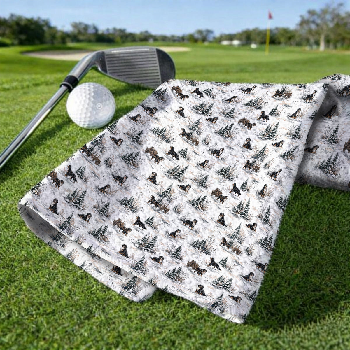 Bernese Mountain Pattern Golf Towels, Snowy Bernese Dog Golf Towel, Dog Lover Golf Gift
