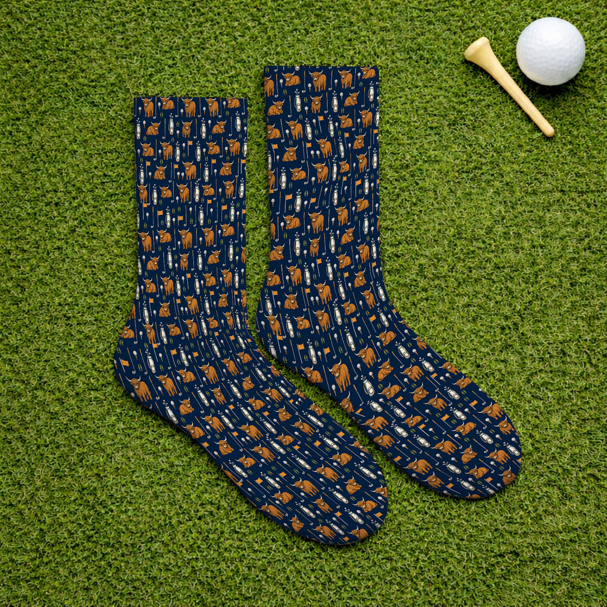 Highland Cow Fairway Socks, Highland Cow Golf Pattern Sock, Golf Gift For Golfer