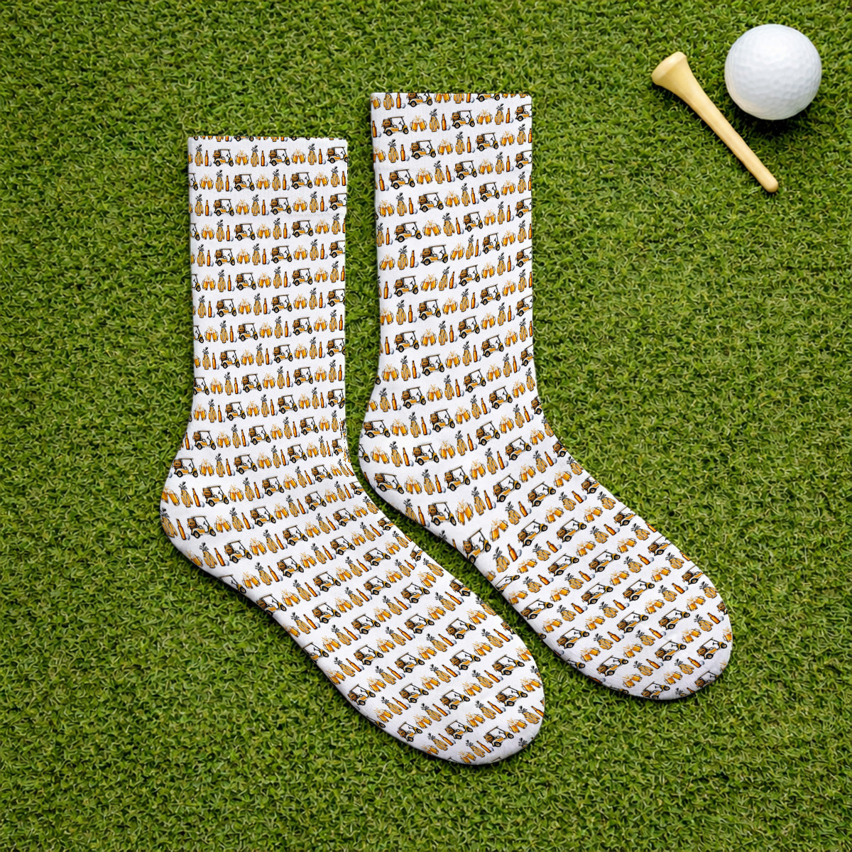 Golf & Beer Socks, Funny Beer Golf Cart Pattern Golf Sock, Beer Golf Gift For Golfers