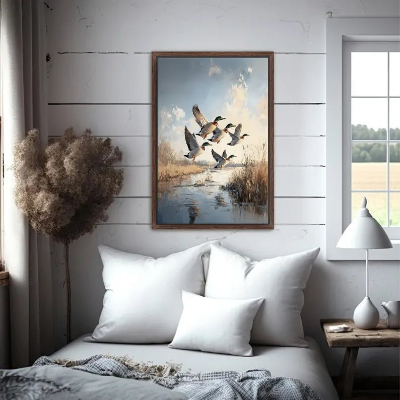 Mallard Ducks In Flight Canvas, Duck Hunting Wall Art, Cabin Decor For Man Cave