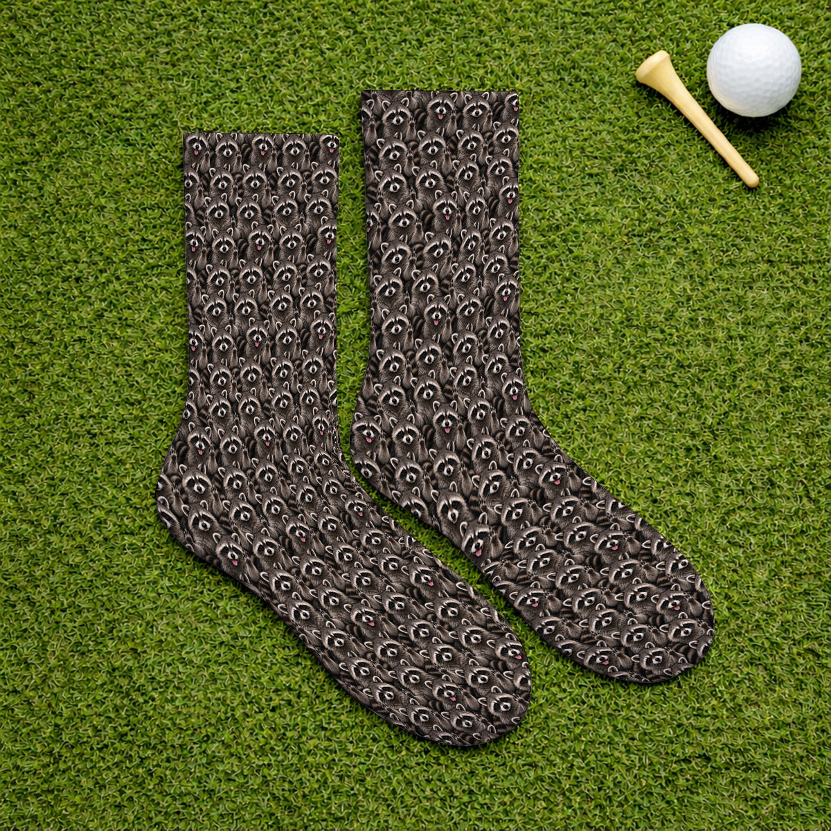 Raccoon Golf Pattern Socks, Crazy Raccoon Golf Sock, Golf Gift for Golfer