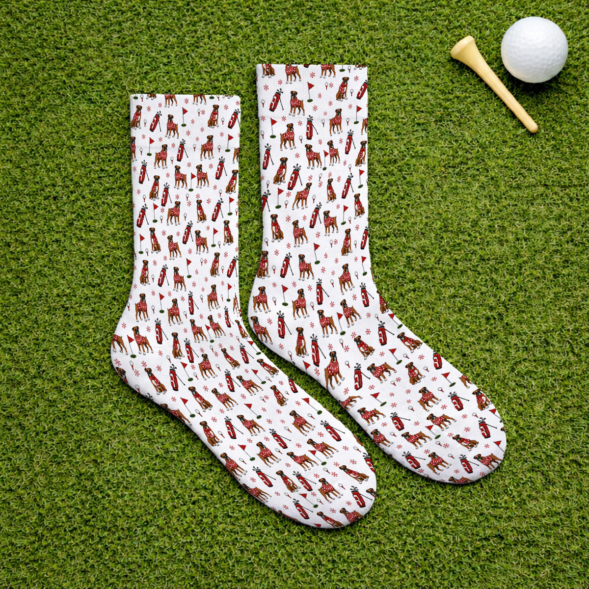 Boxer Christmas Golf Polos, Holiday Dog Pattern Golf Shirt, Festive Golf Gift for Golfers