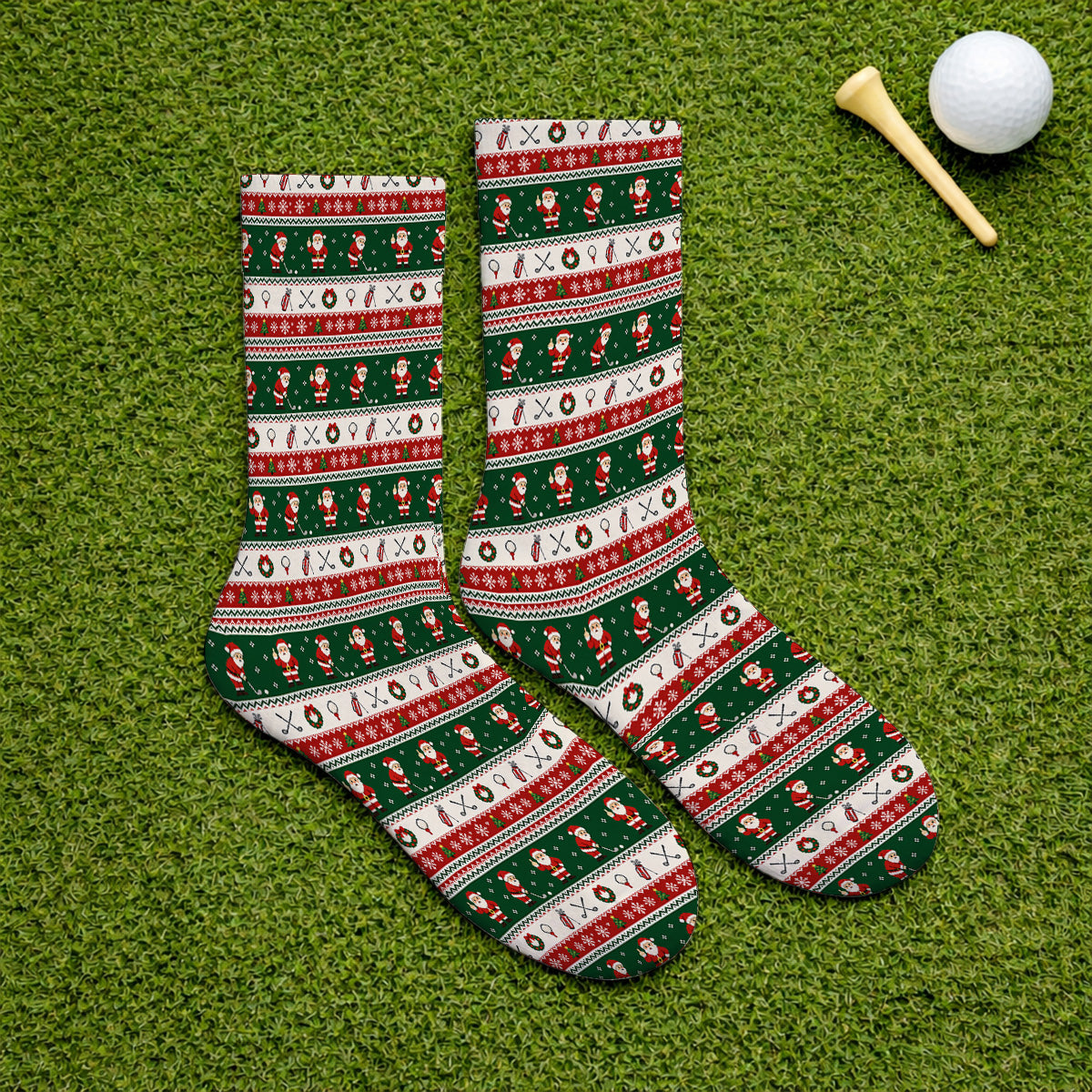Funny Christmas Santa Golf Socks, Ugly Christmas Golf Pattern Sock, Xmas Gift For Golfer
