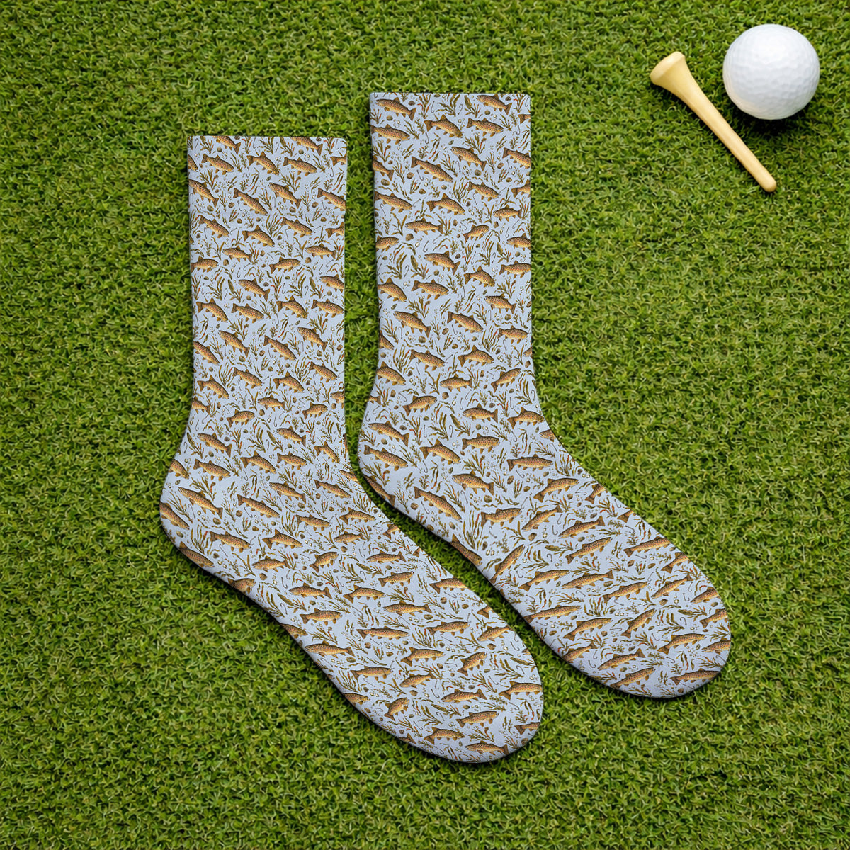 Funny Brown Trout Fishing Golf Socks, Vintage Trout & Fly Fishing Pattern Golf Sock, Golf Gift For Golfer