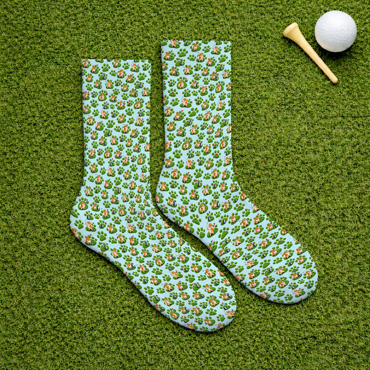 Pomeranian Paw Pattern Golf Socks, Cute Fluffy Pom Dog Pattern Golf Sock, Crazy Golf Gift For Golfers