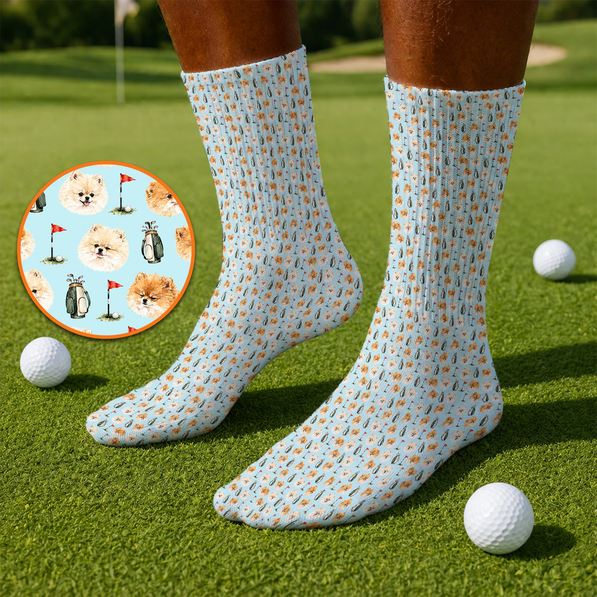Pomeranian Golf Socks, Fluffy Pom Dog & Golf Pattern Sock, Funny Golf Gift For Golfer