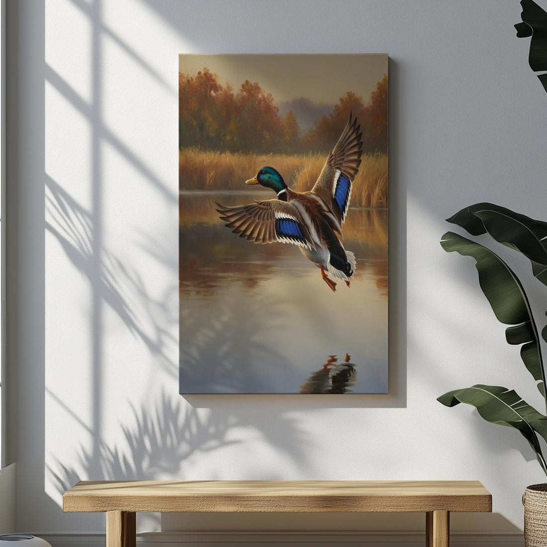 Duck Hunting Wall Art Canvas, Mallard Duck In Flight Over Lake Print, Cabin Decor For Man Cave