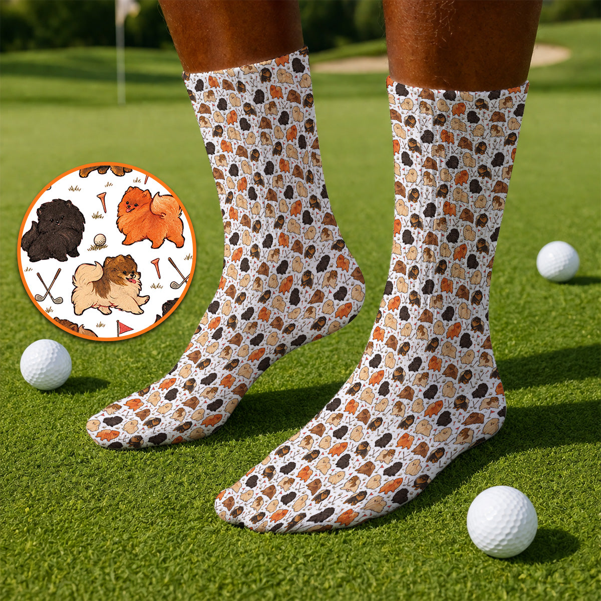 Funny Pomeranian Golf Socks, Pom Dog & Golf Pattern Sock, Golf Gift For Golfer