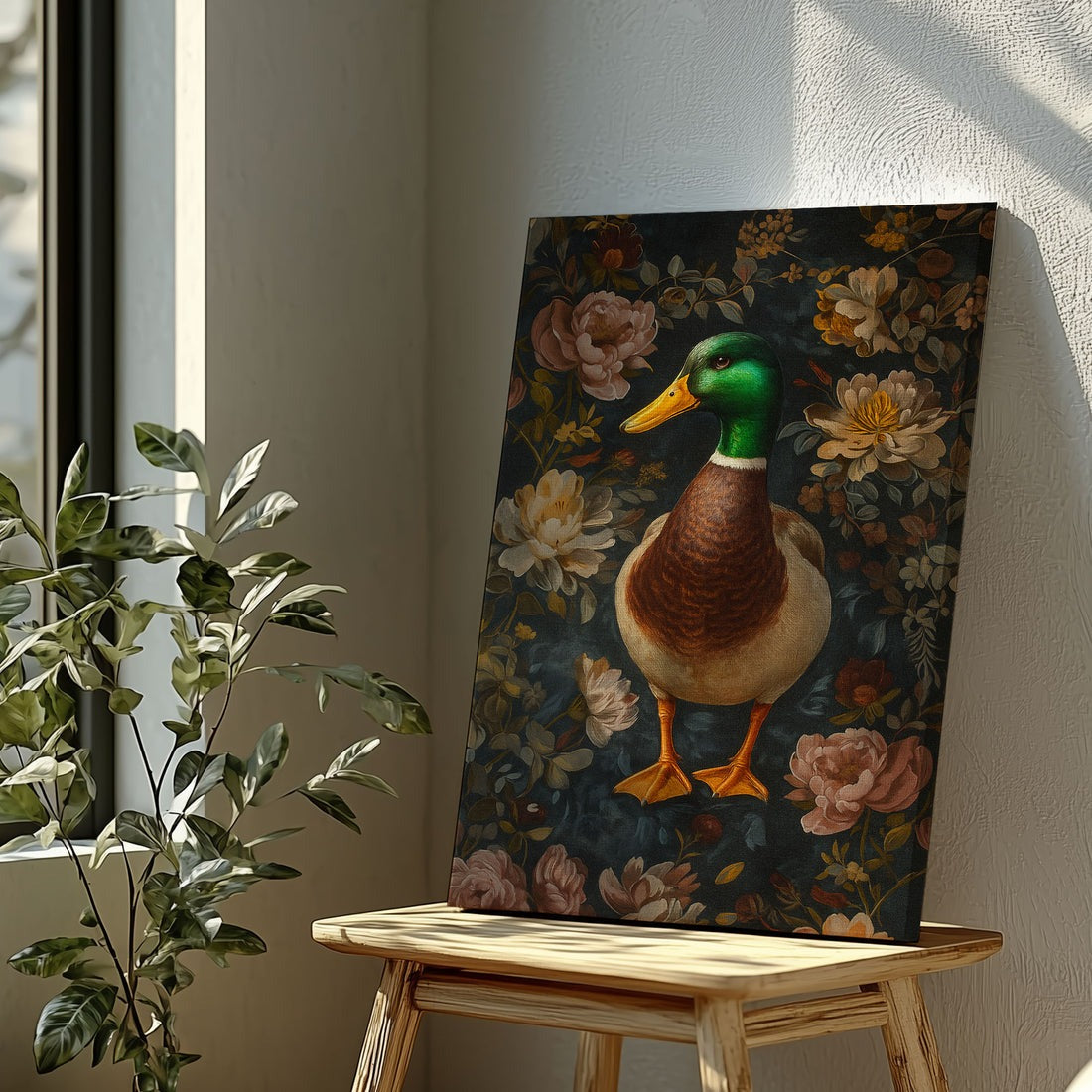 Mallard Duck Canvas Wall Art, Woodland Floral Hunting Home Decor, Gift For Man Cave