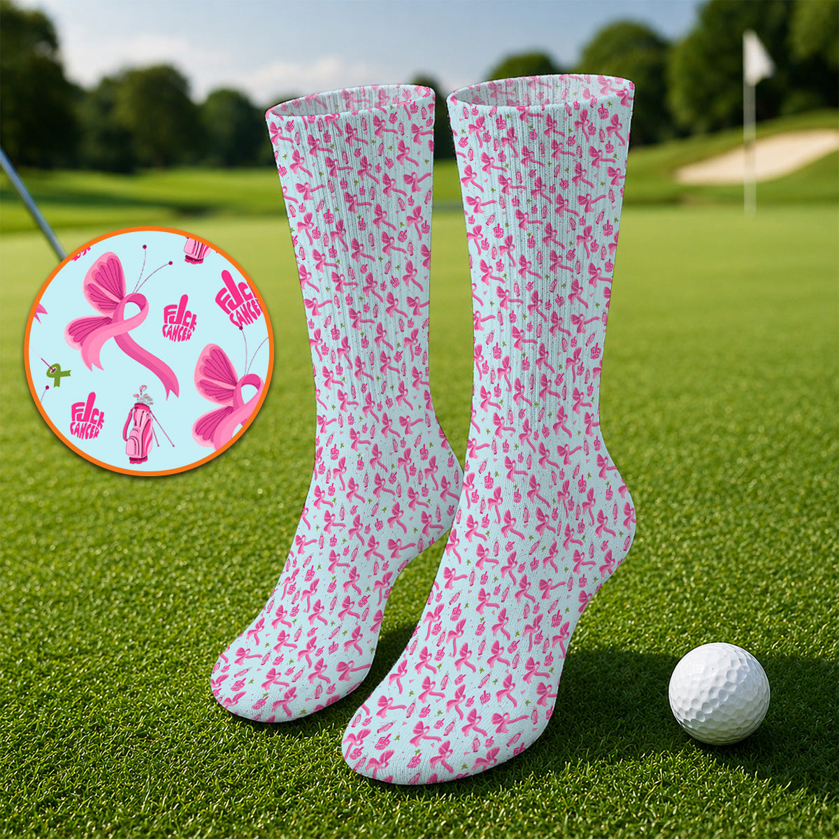 Fight With Every Swing Breast Cancer Awareness Golf Socks, Pink Ribbon & Golf Pattern Sock, Support Gift for Golfers
