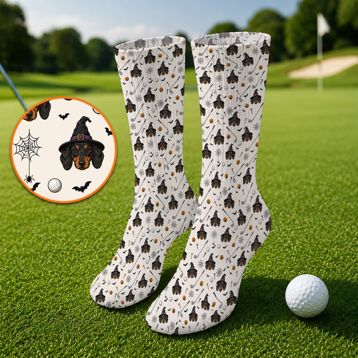 Witch Dachshund Golf Socks, Halloween Wiener Dog Pattern Golf Sock, Golf Gift for Golfer