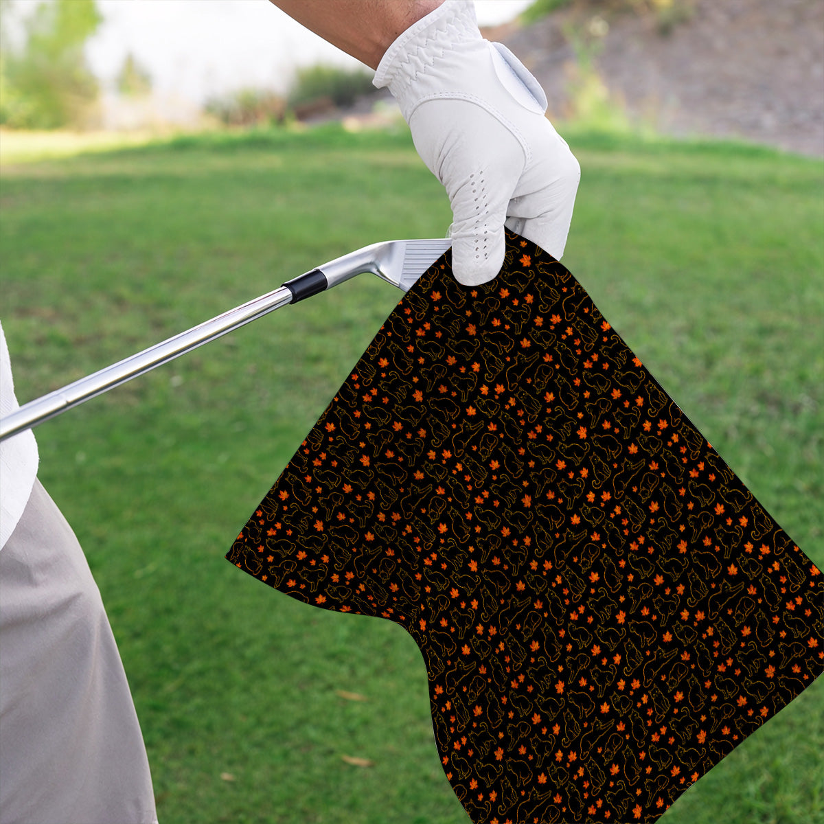 Autumn Black Longhair Cat Golf Towel, Black Longhair Cat Pattern Golf Towels, Cat Lovers Golf Gift
