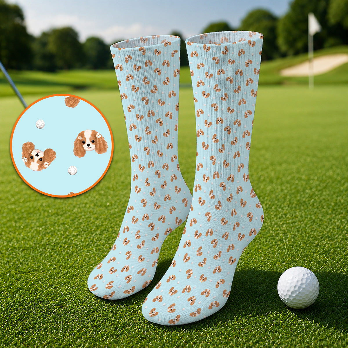 Cavalier King Charles Spaniel Golf Socks, Funny Cute Cavalier Pattern Golf Sock, Golf Gift For Golfer