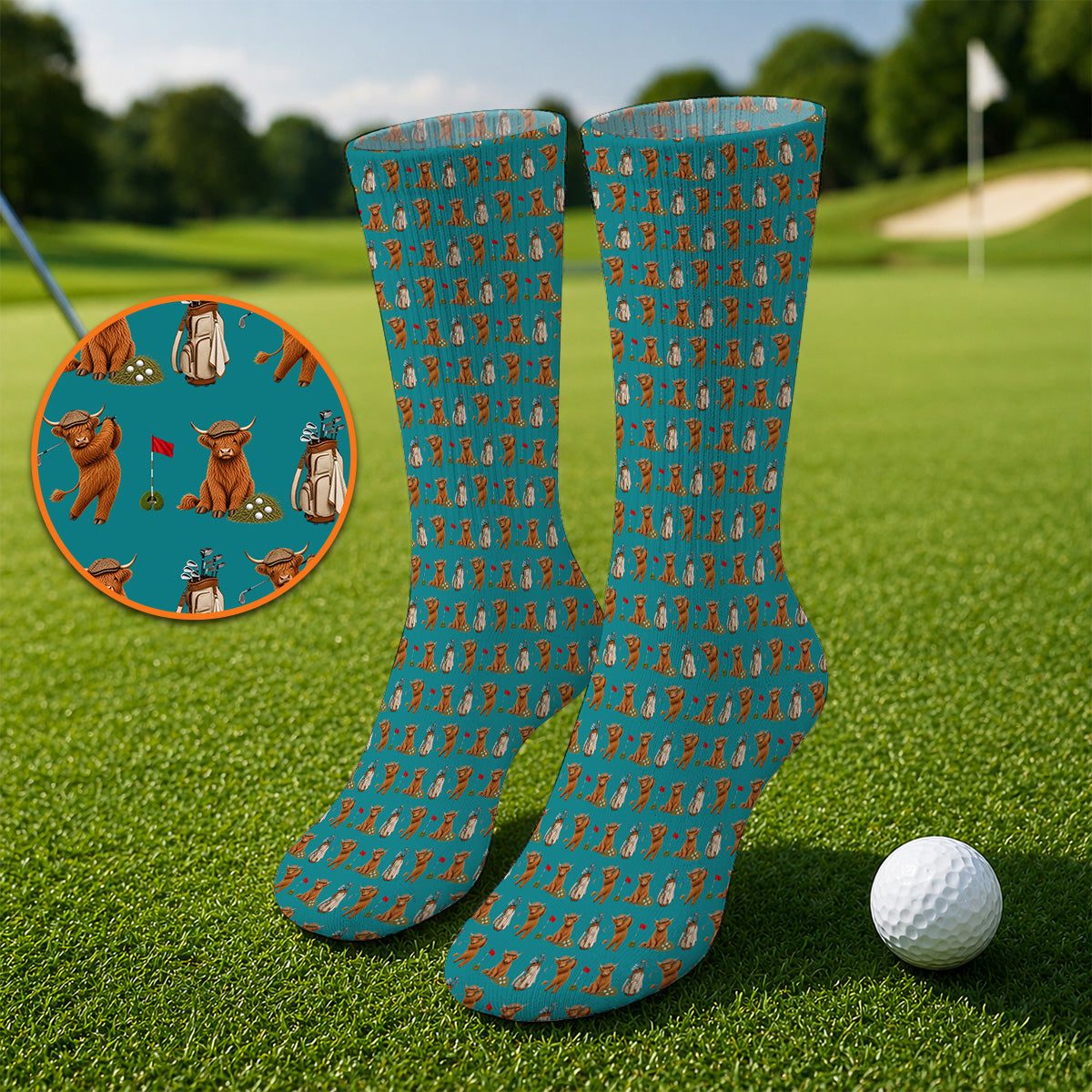 Funny Highland Cow Golf Sock, Highland Cow Pattern Golf Socks, Golf Gift For Golfer