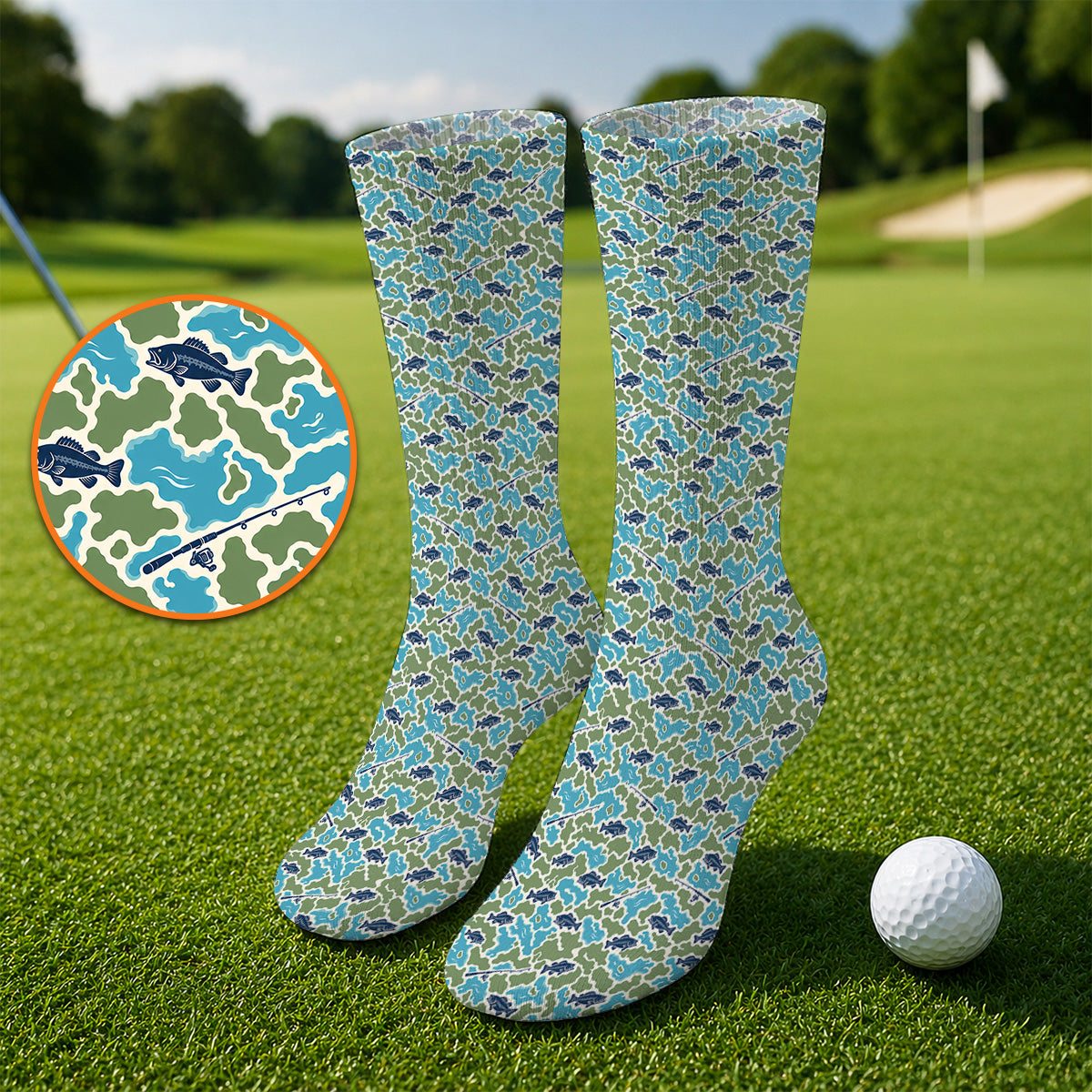 Bass Fishing Camo Golf Sock, Camouflage Pattern Golf Socks, Crazy Golf Gift For Golfer