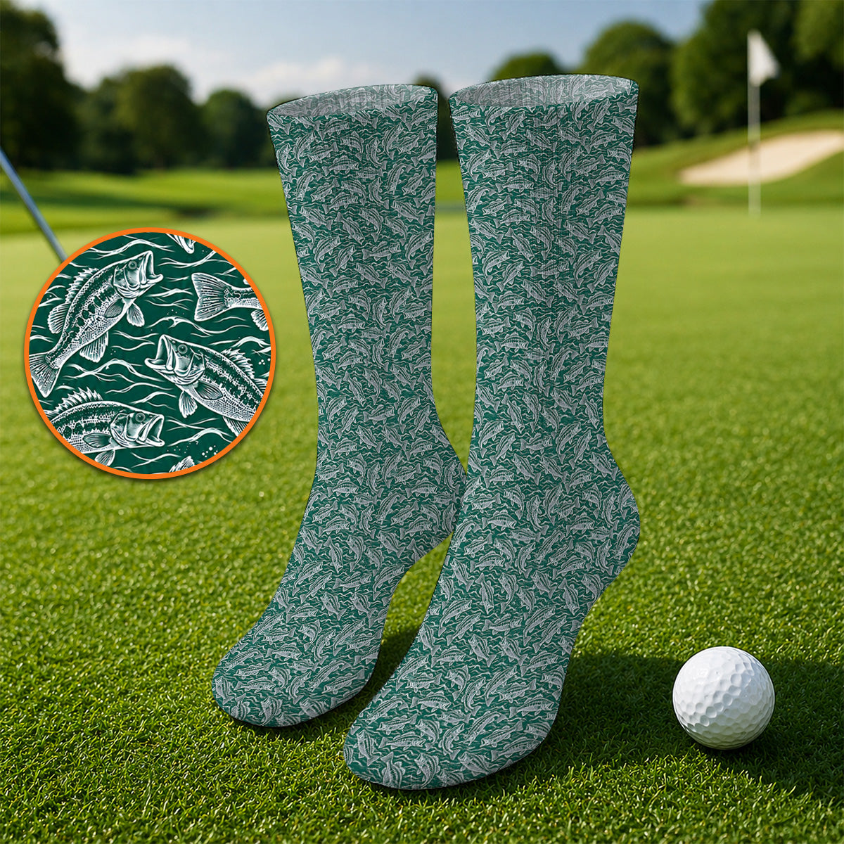 Vintage Bass Fishing Golf Socks, Forest Green Fish & Water Pattern Sock, Golf Apparel Gift for Fishing Lovers