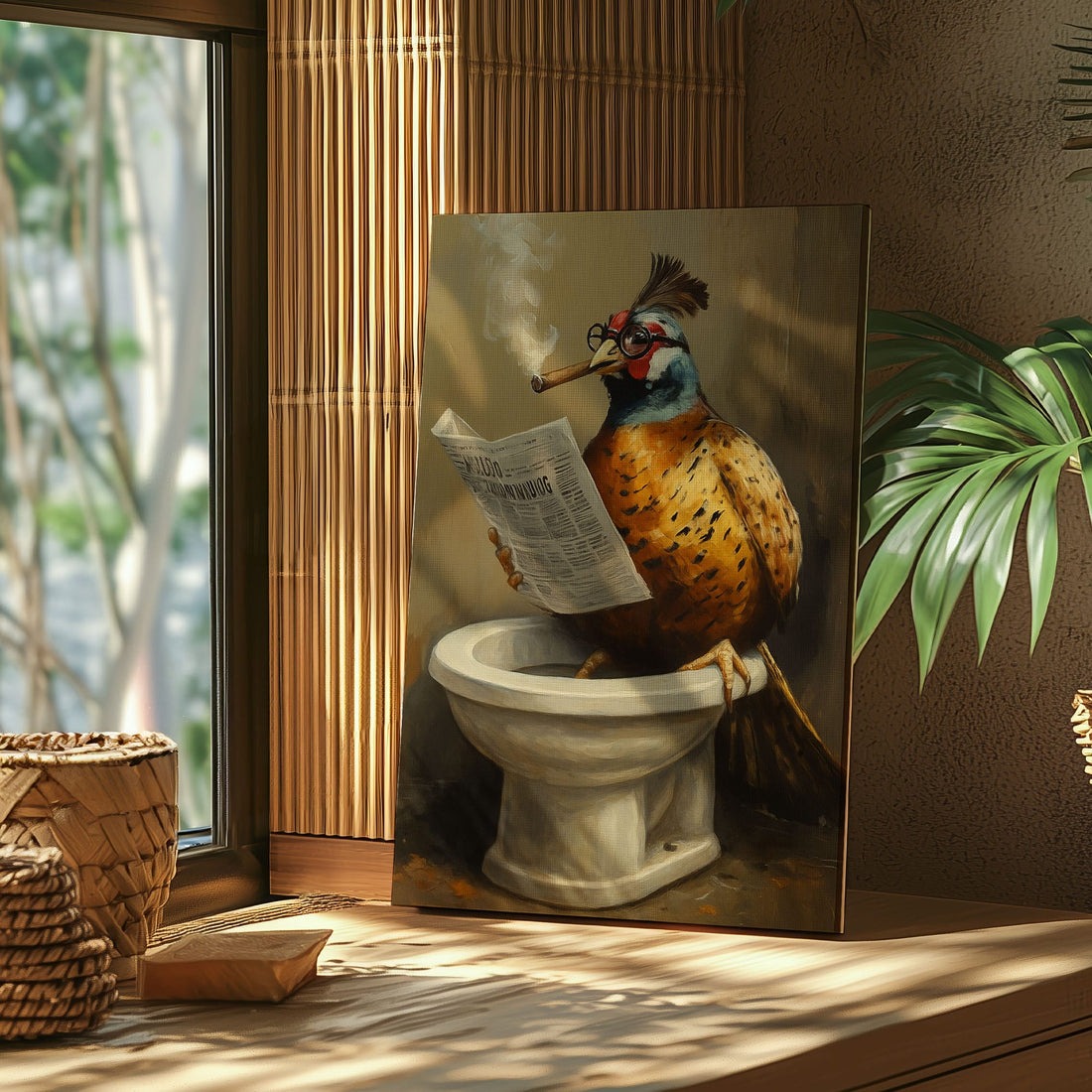 Funny Pheasant Bathroom Canvas, Rustic Cabin Wall Art For Man Cave, Gift For Hunter