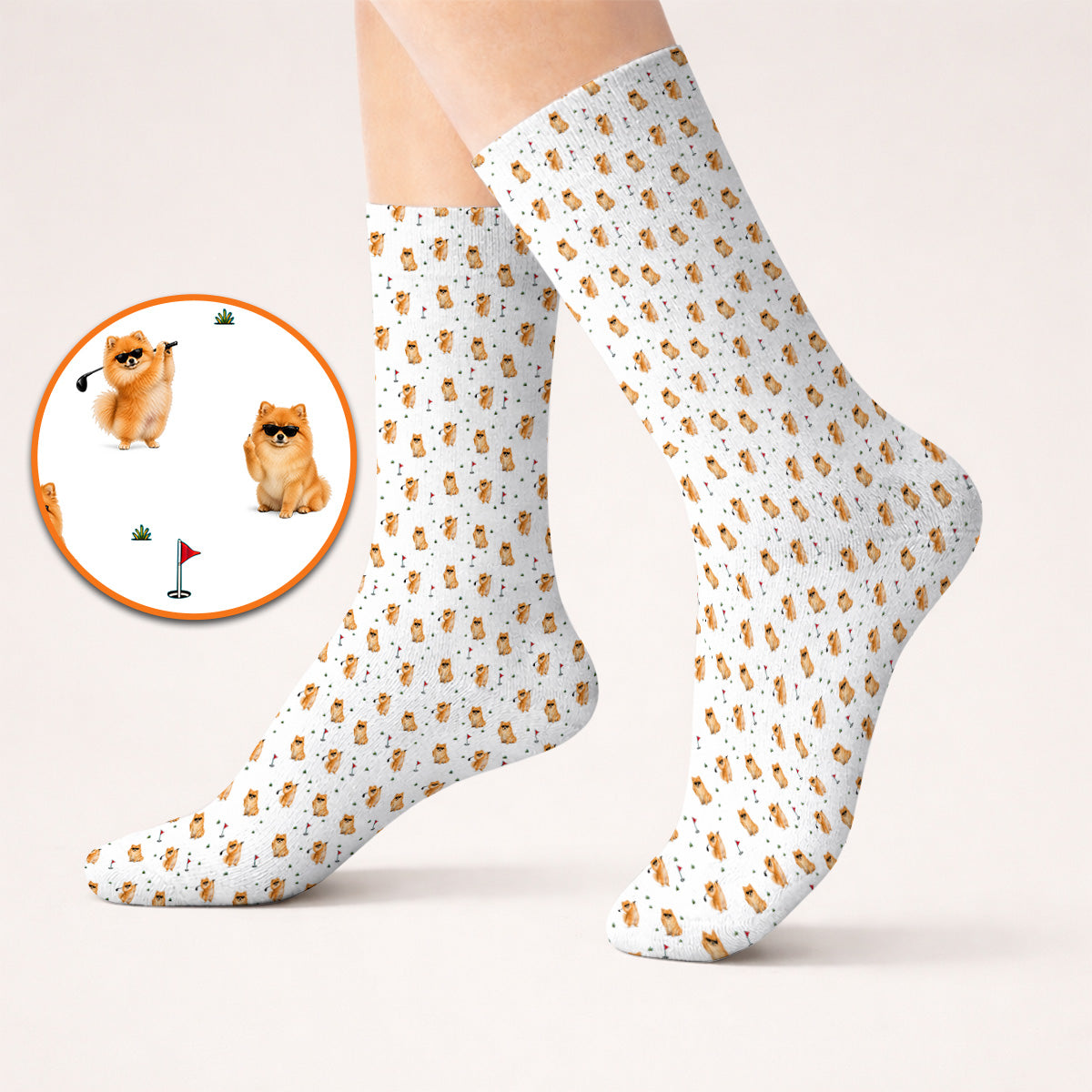 Golden Pomeranian Pattern Golf Socks, Cute Pomeranian Dog Golf Sock, Golf Gift For Golfer