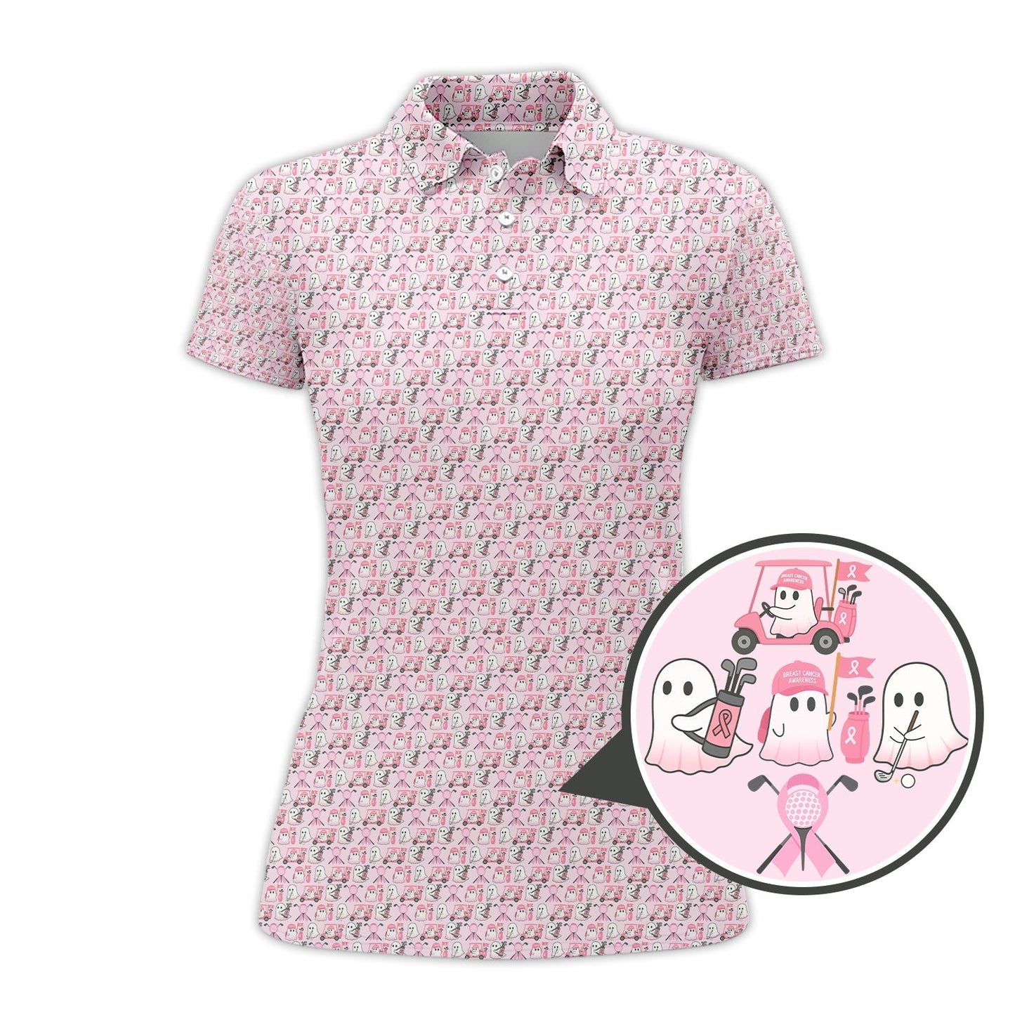 Ghost Of Halloween Pattern Golf Shirt, Funny Breast Cancer Golf Shirt, Ladies Golf Shirts