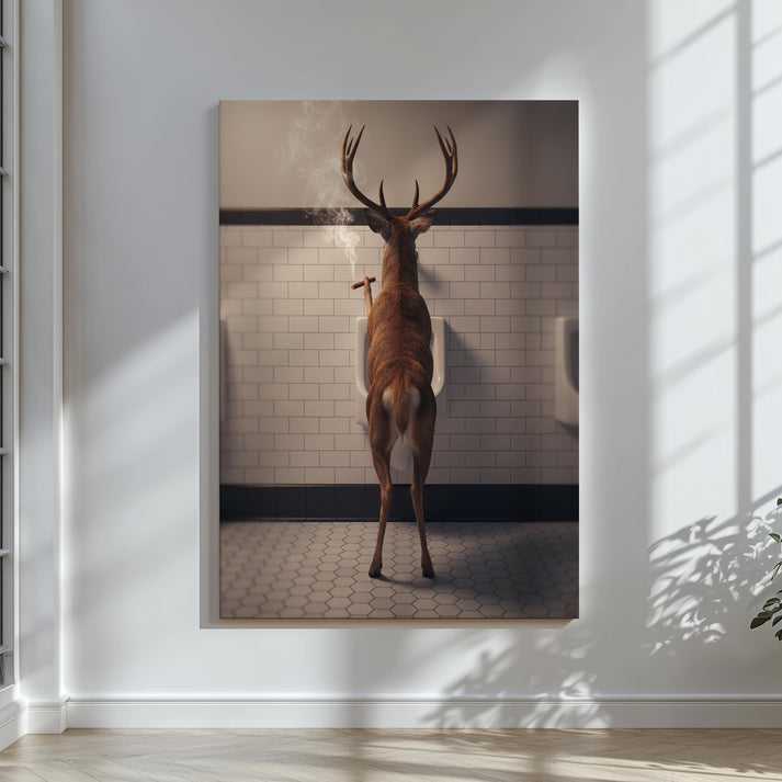 Smoking Deer Bathroom Canvas – Rustic Cabin Wall Art for Men