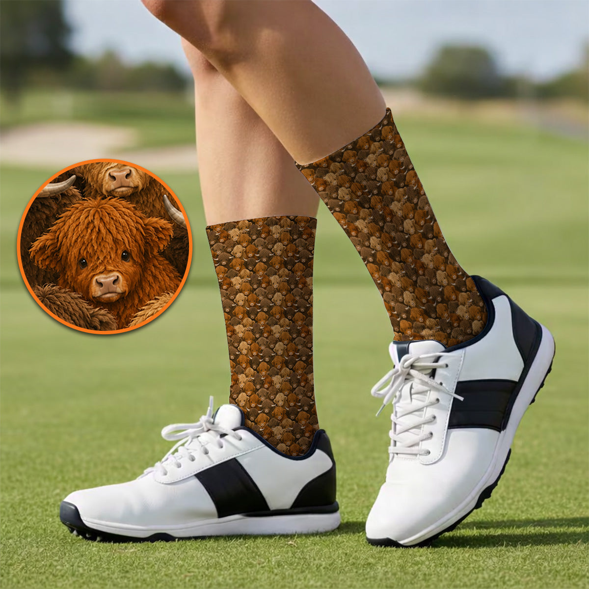 Highland Cow Pattern Golf Socks, Crazy Golf Gift For Golfer, Highland Cow Golf Sock