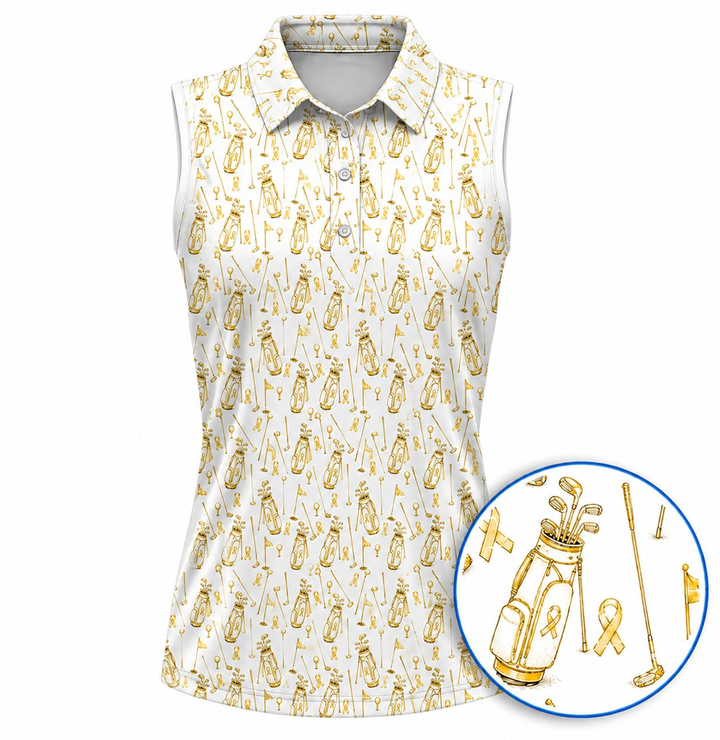 Yellow Cancer Ribbons Awareness Golf Polos, Cancer Ribbons Pattern Golf Shirt, Golf Gift For Golfer