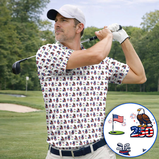 American Freedom Pattern Golf Shirt, USA 250 Eagle & Flag Pattern Golf Polos, Crazy Golf Gift For Golfer