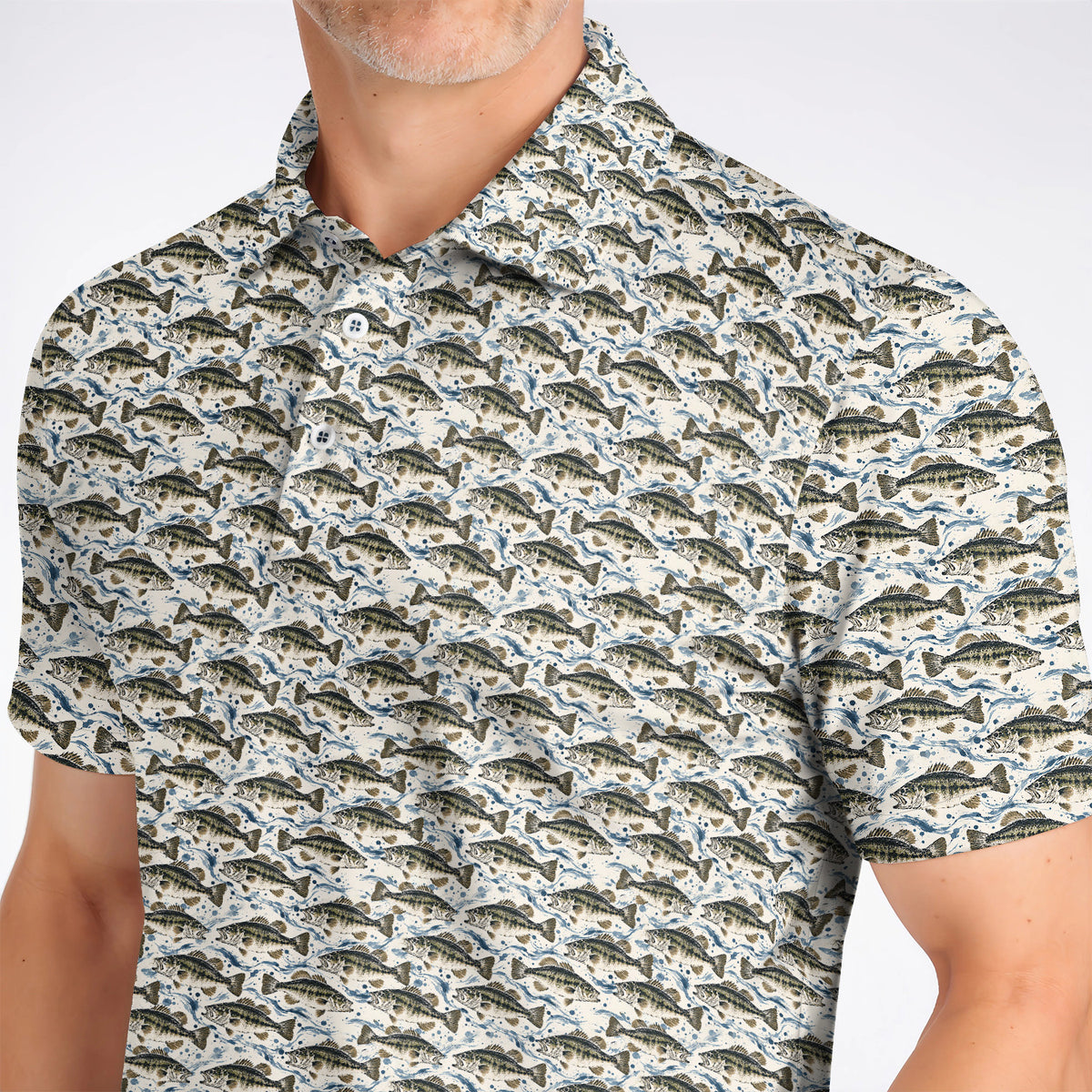 Gyotaku Bass Fishing Golf Shirt, Vintage Japanese Fish Pattern Golf Polos, Golf Gift For Fishing Lovers