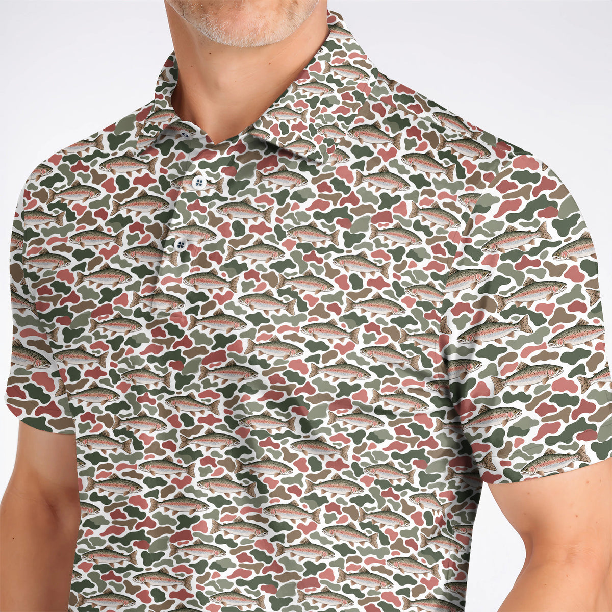 Rainbow Trout Camo Golf Shirt, Trout Fishing Camouflage Pattern Golf Polos, Crazy Golf Gift For Golfer