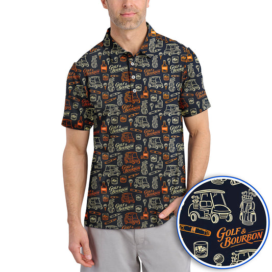Golf & Bourbon Pattern Golf Polos, Crazy Golf Shirt For Golfer, Golf Gift For Men