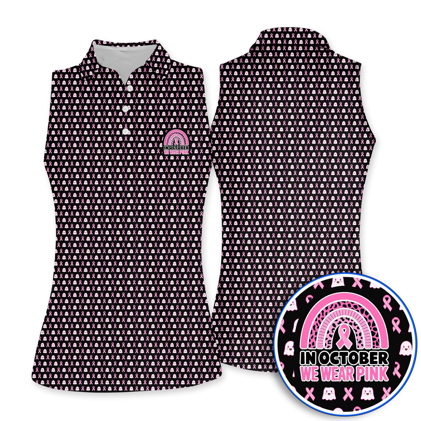 Breast Cancer Awareness Golf Polos, In October We Wear Pink Pattern Golf Shirt, Pink Ribbon Golf Gift for Breast Cancer Support
