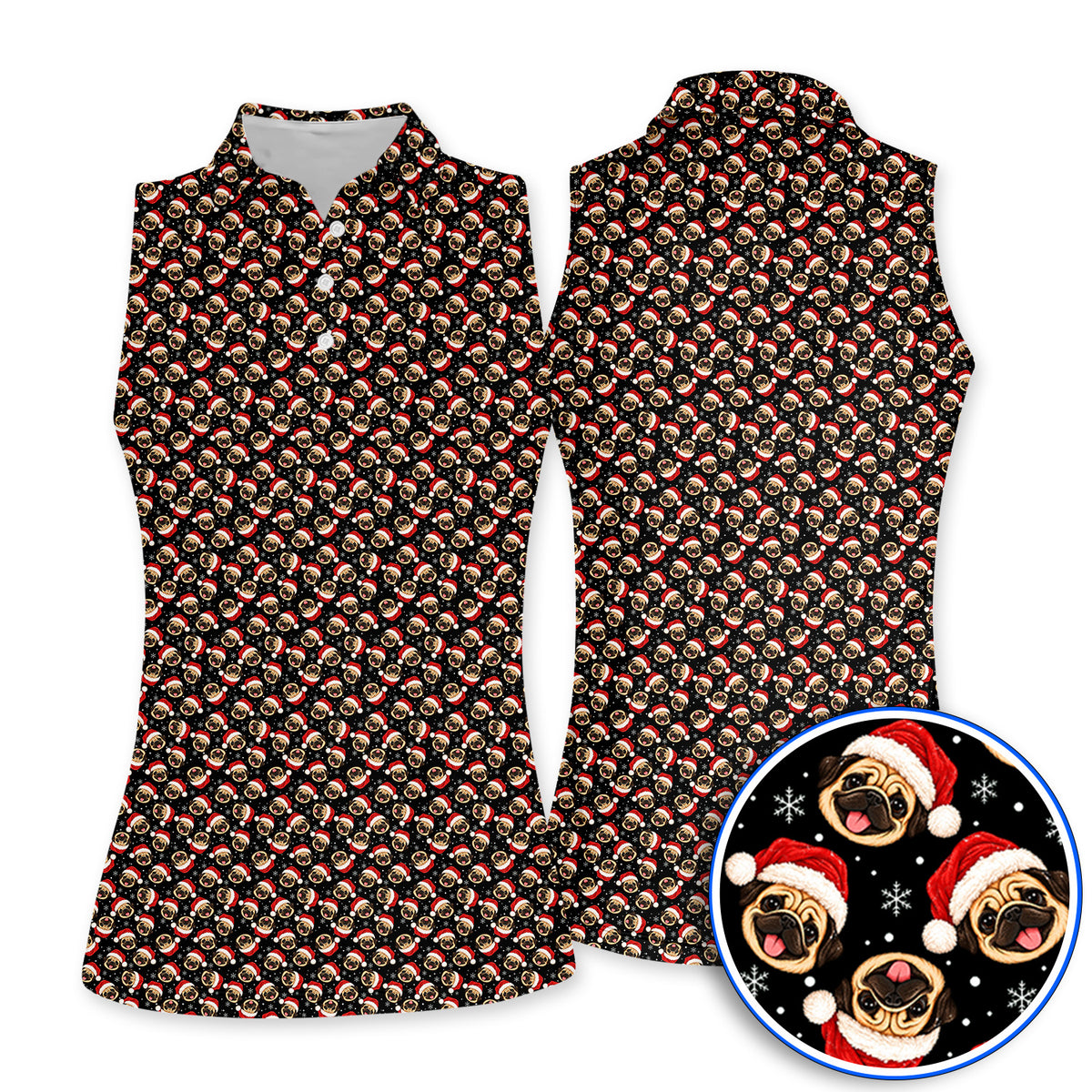 Funny Christmas Pug Golf Polos, Pug Pattern Golf Shirt For Dog Lovers, Xmas Golf Gift For Golfers