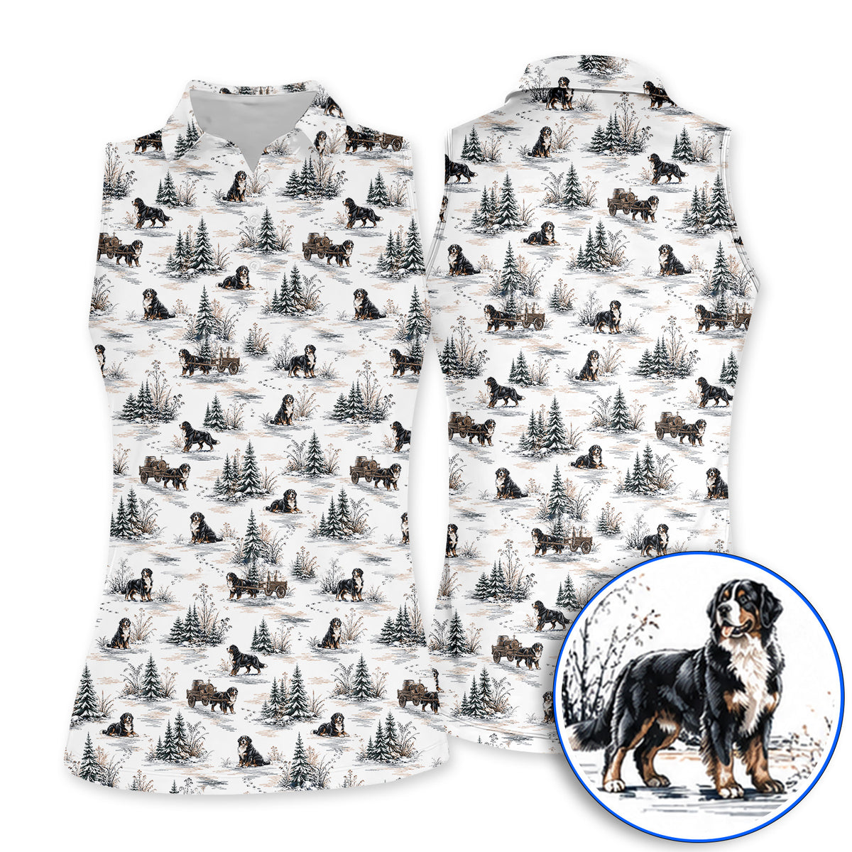 Bernese Mountain Pattern Golf Polos, Snowy Bernese Dog Golf Shirt, Dog Lover Golf Gift