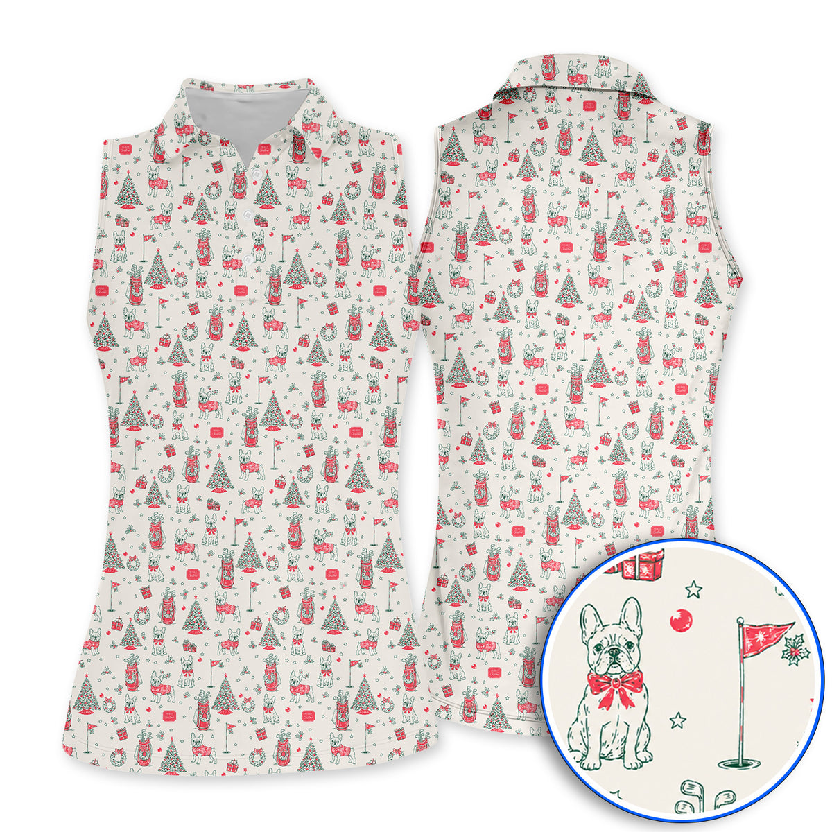 French Bulldog Christmas Golf Polos, Festive Dog Golf Pattern Shirt, Funny Xmas Golf Gift for Golfers