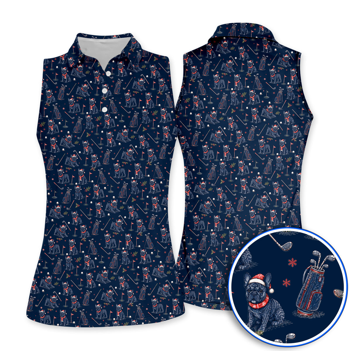 French Bulldog Christmas Golf Polos, Vintage Holiday Dog Pattern Golf Shirt, Xmas Golf Gift for Golfers