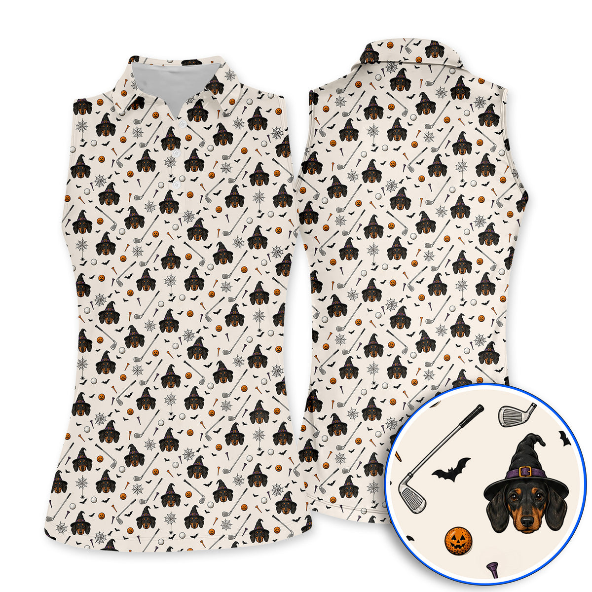 Witch Dachshund Golf Polos, Halloween Wiener Dog Pattern Golf Shirt, Golf Gift for Golfer