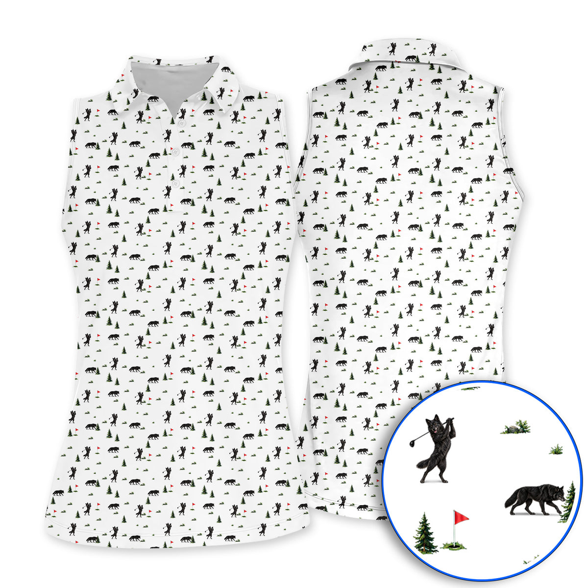 Black Wolf Pattern Golf Polos, Crazy Wolf Golf Shirt, Wilderness Golf Gift for Golfers