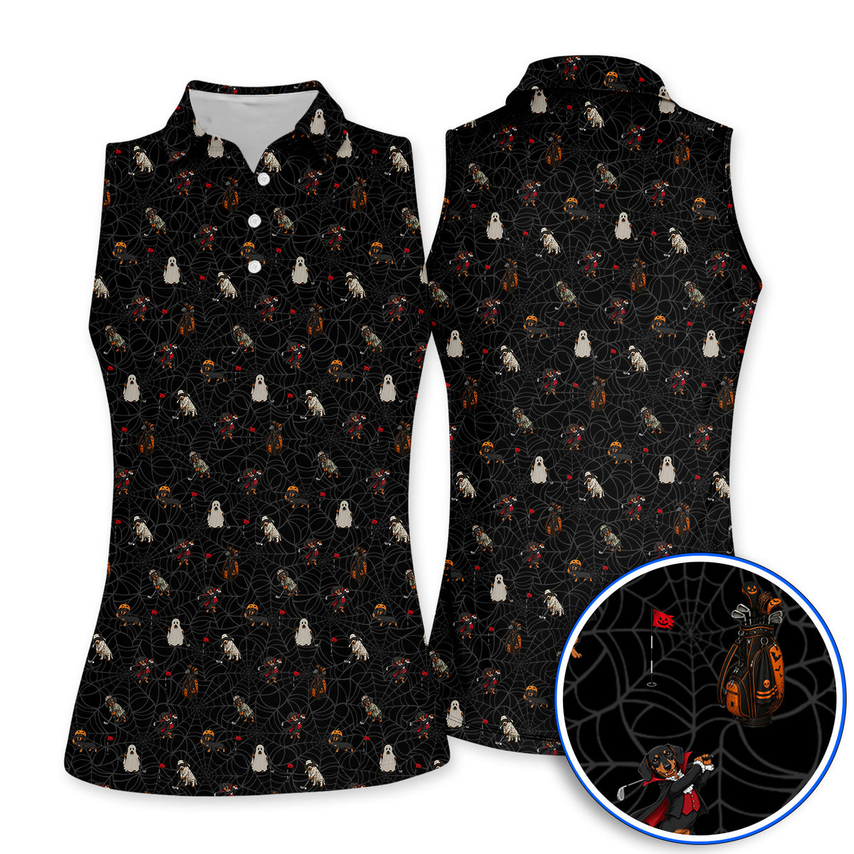 Spooky Dachshund Pattern Golf Polos, Halloween Vampire Wiener Dog Shirt, Crazy Golf Gift For Golfer