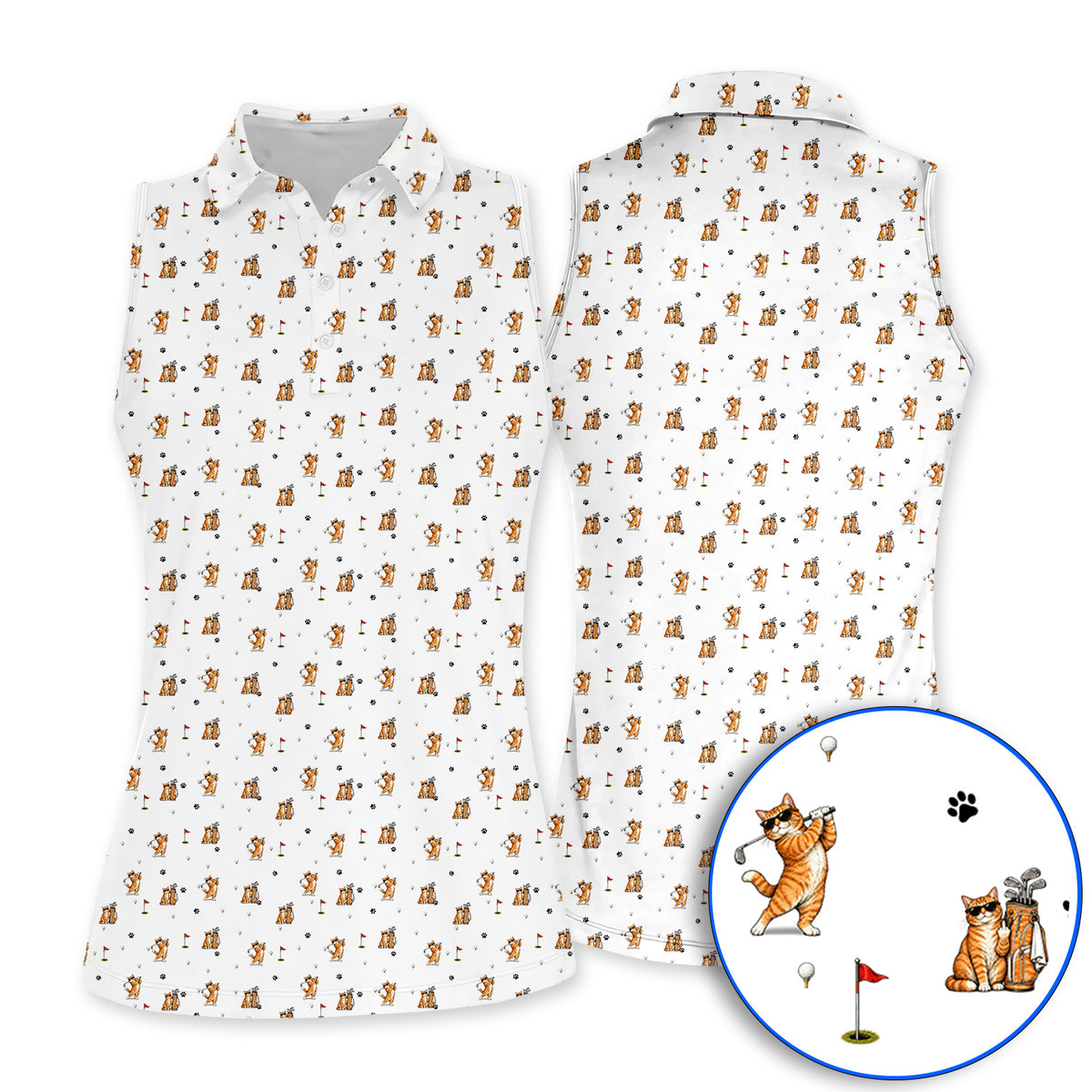 Funny Golf Cat Shirt, Orange Tabby Cat Playing Golf Pattern Polos, Golf Gift For Golfers