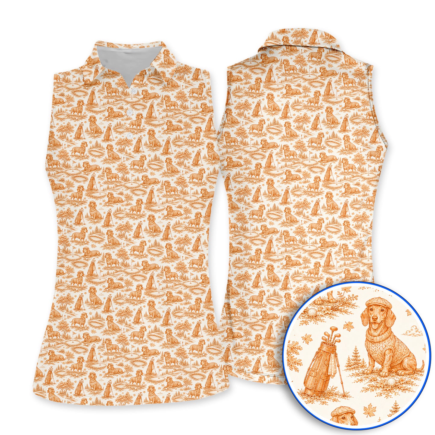 Dachshund Toile de Jouy Golf Polos, Autumn Wiener Dog Pattern Golf Shirt, Crazy Golf Gift For Golfer