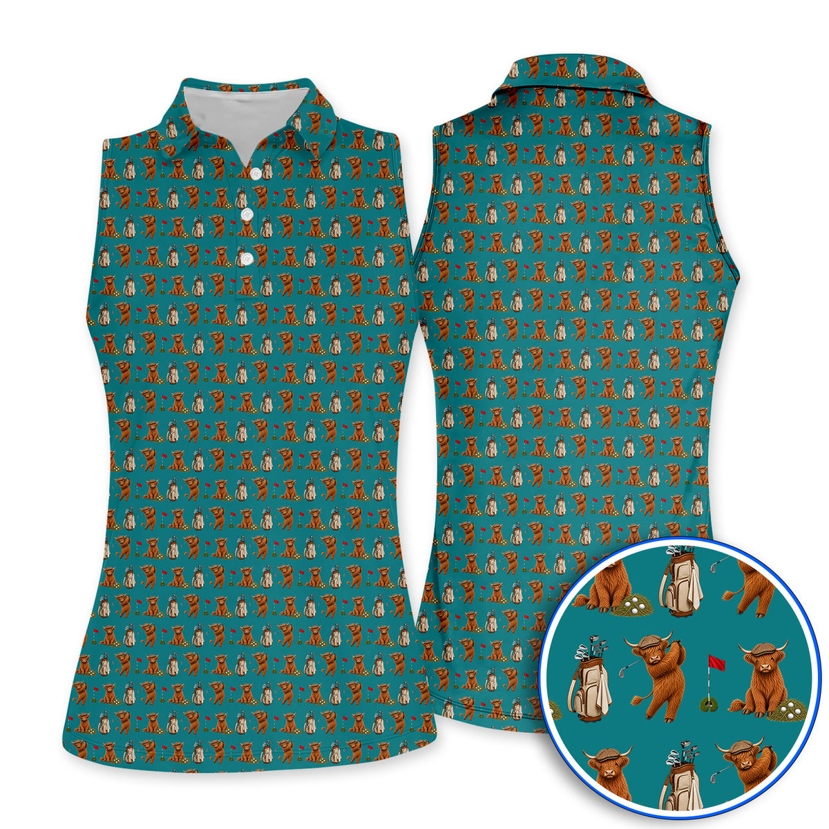 Funny Highland Cow Golf Polos, Highland Cow Pattern Golf Shirt, Golf Gift For Golfer