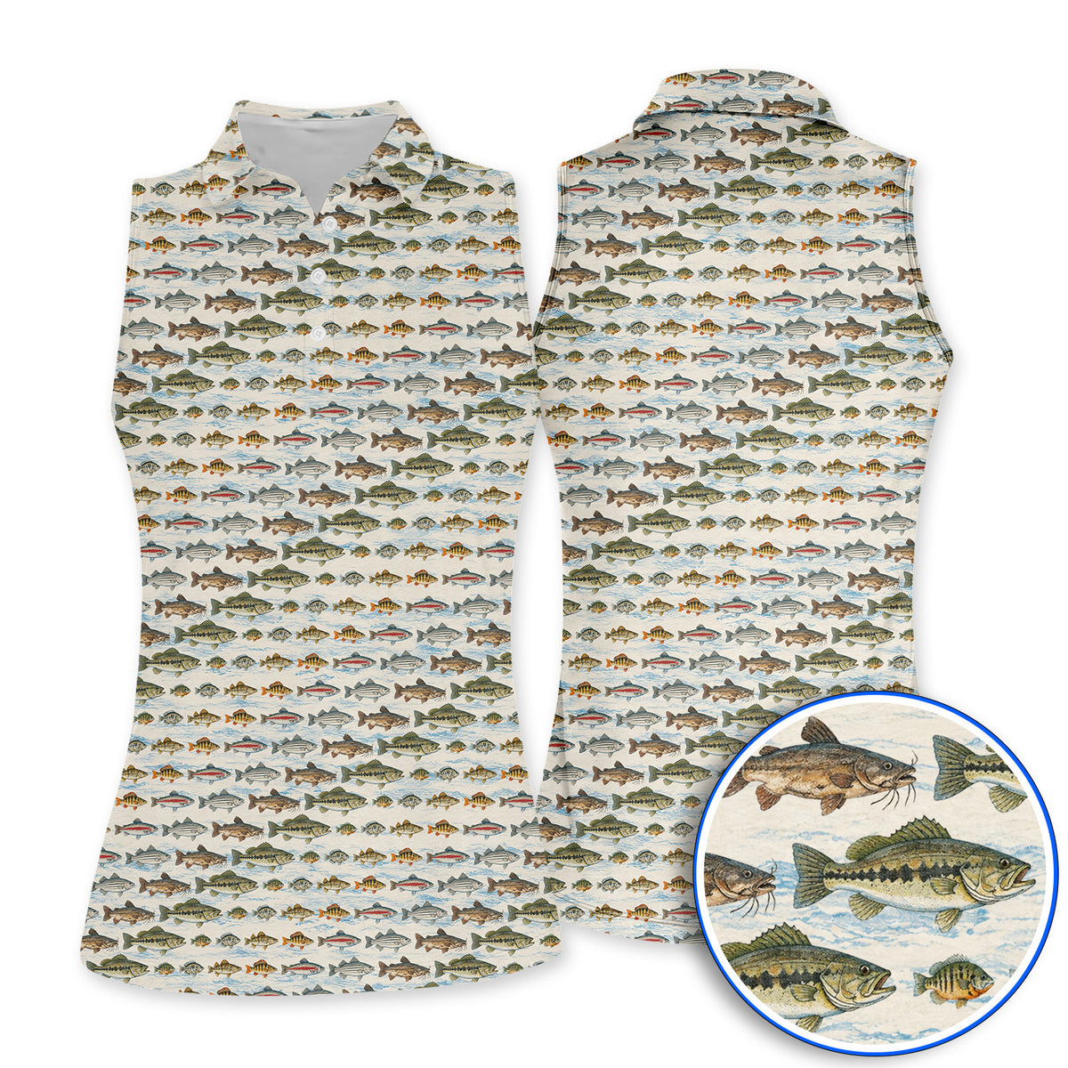 Freshwater Fishing Pattern Golf Shirt, Bass Trout Catfish & Perch Golf Polos, Fishing Gift For Golfer