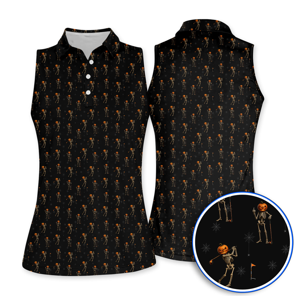 Halloween Skeleton Golf Polos, Pumpkin Head Pattern Golf Shirt, Funny Golf Gift for Golfer