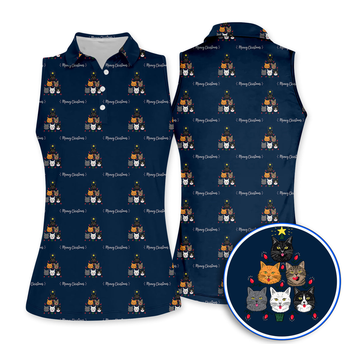 Meowy Christmas Cat Golf Polos, Festive Cat Christmas Pattern Golf Shirt, Xmas Golf Gift For Cat Lovers