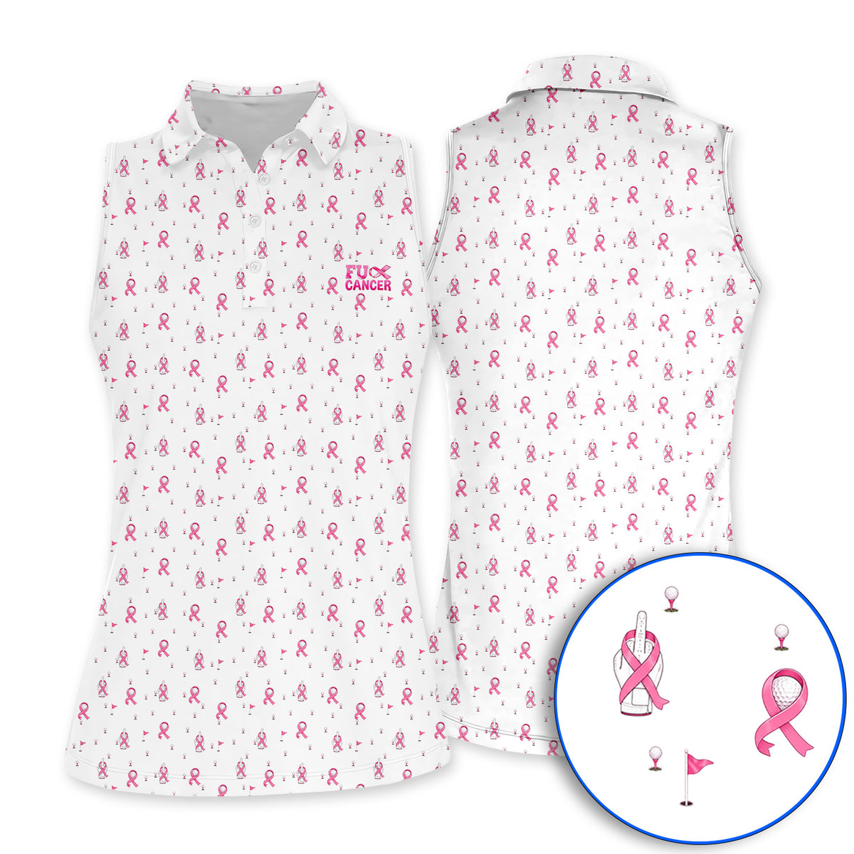 Pink Ribbon Golf Polos, Breast Cancer Awareness Pattern Golf Shirt, Supportive Golfer Gift for Golfer